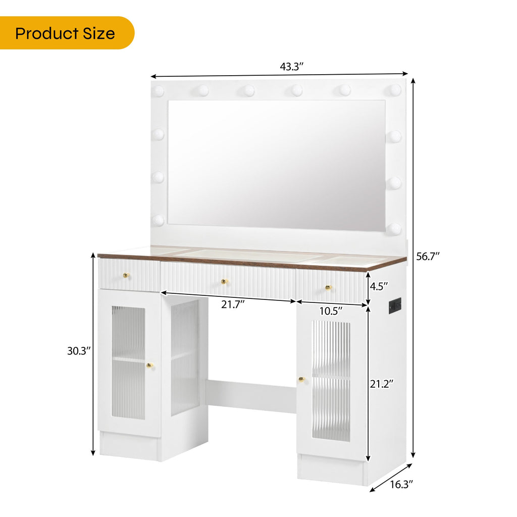 43.3' Vanity Desk with Large Mirror and Hollywood Bulbs, Modern Glass Top Makeup Vanity with Drawers and Power Outlet, Large Dressing Table with 3 Color Lighting Modes & RGB Cabinets for Bedroom