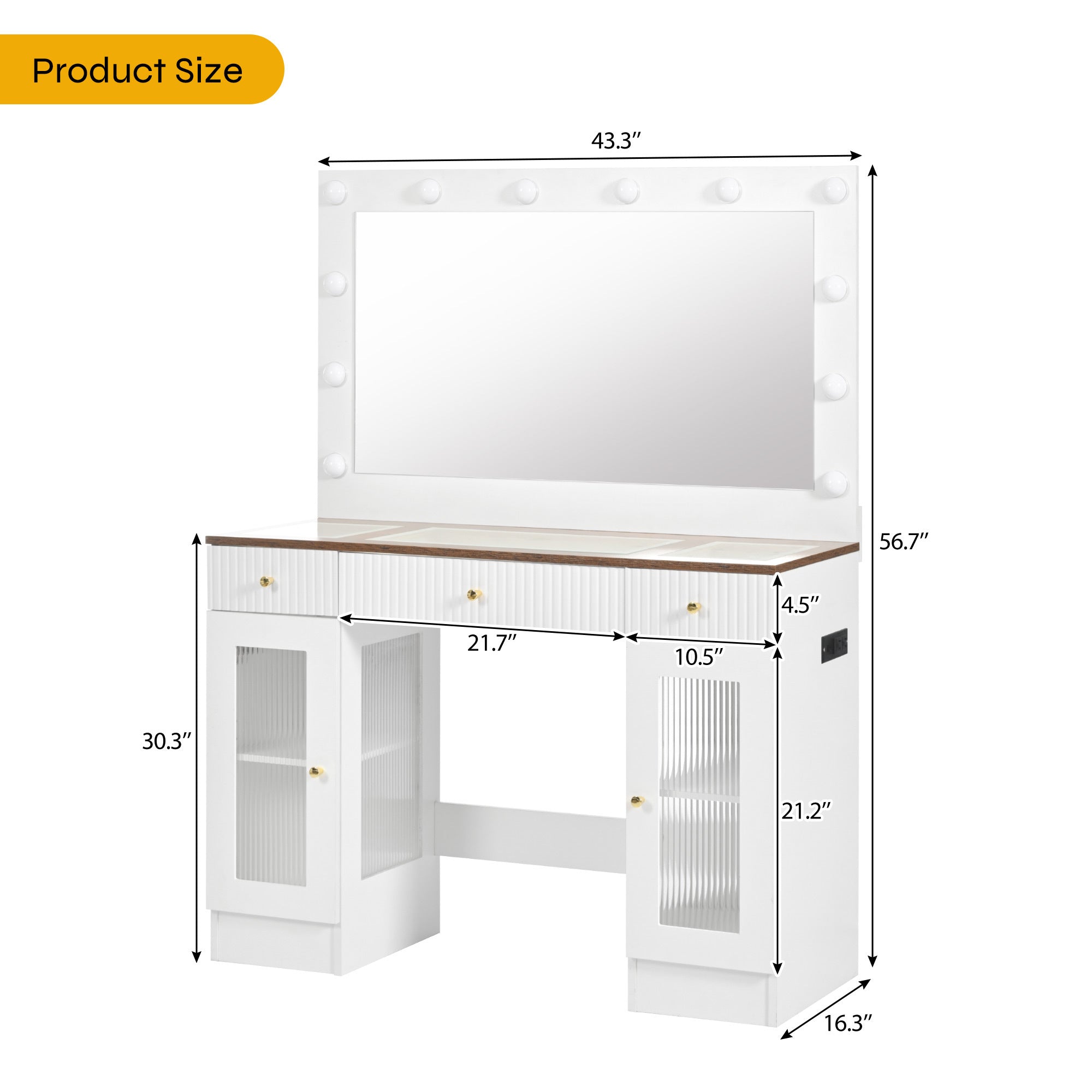 43.3' Vanity Desk with Large Mirror and Hollywood Bulbs, Modern Glass Top Makeup Vanity with Drawers and Power Outlet, Large Dressing Table with 3 Color Lighting Modes & RGB Cabinets for Bedroom