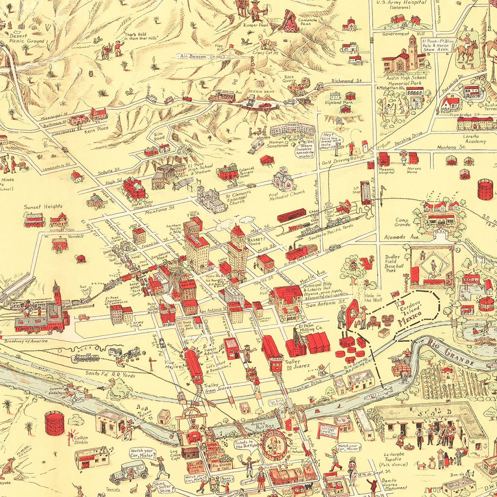 Vintage Map of El Paso, TX Business Section 1932