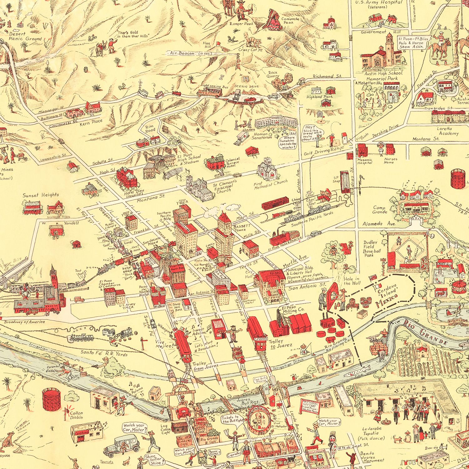 Vintage Map of El Paso, TX Business Section 1932