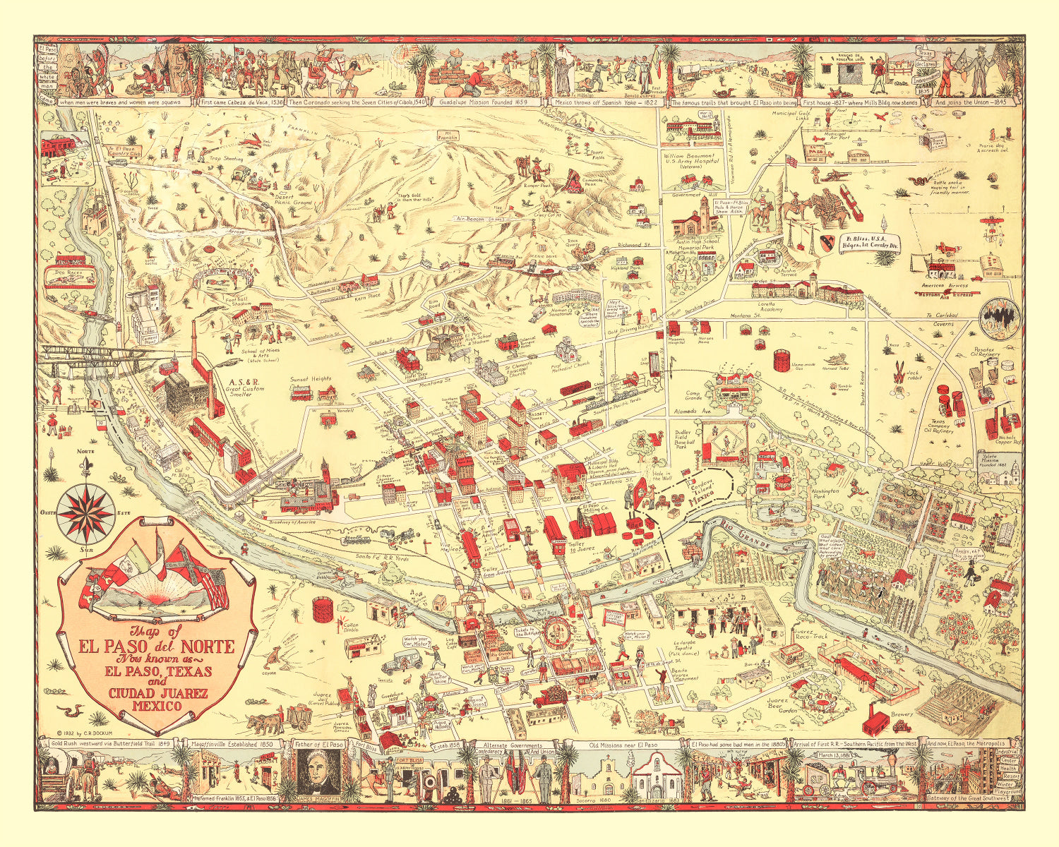 Vintage Map of El Paso, TX Business Section 1932