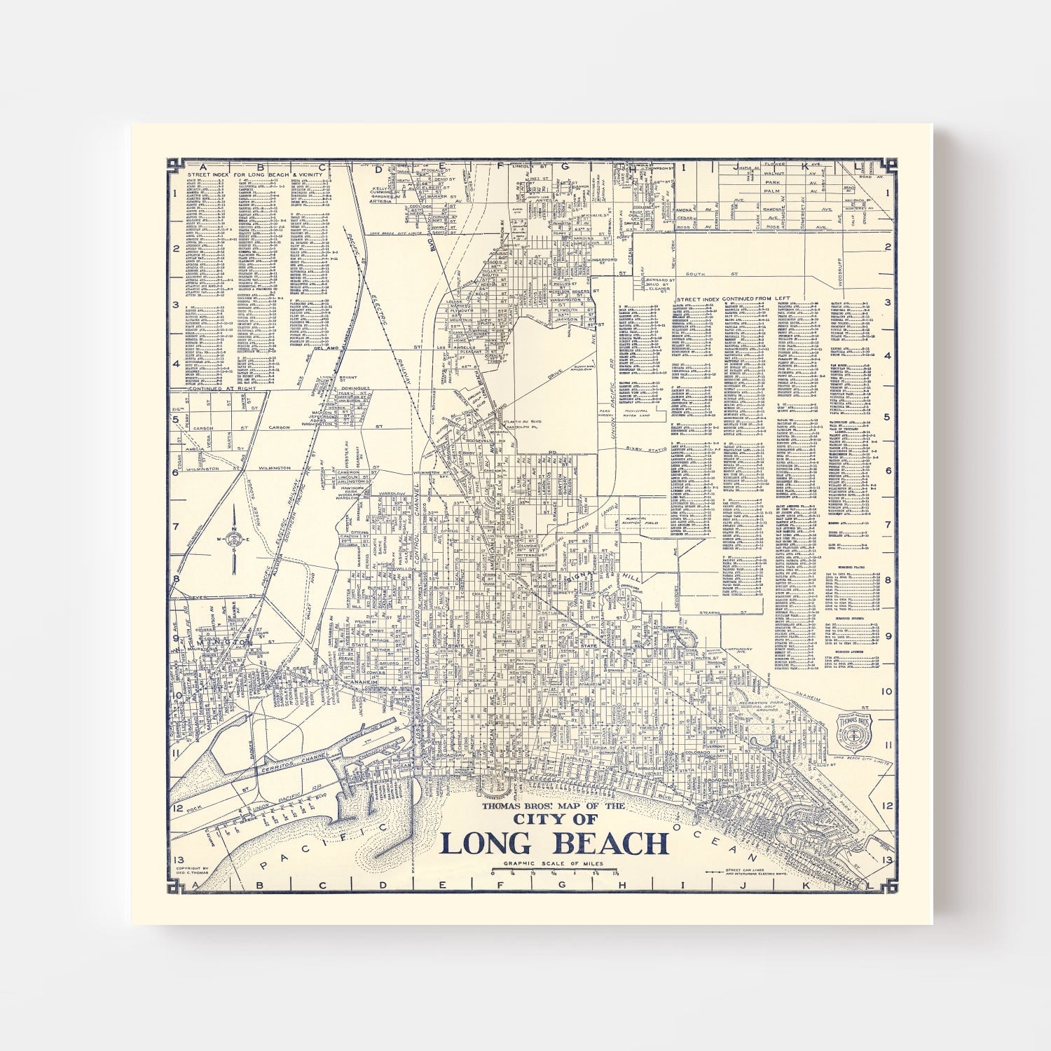 Vintage Map of Long Beach, CA Business Section 1938