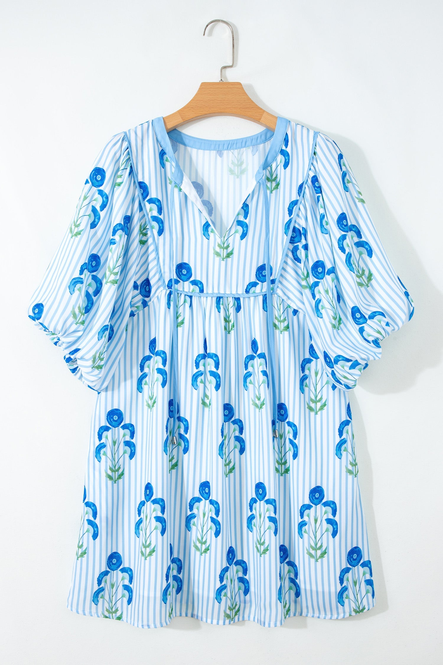 Floral Stripe Tie Notch Puff Sleeve Dress