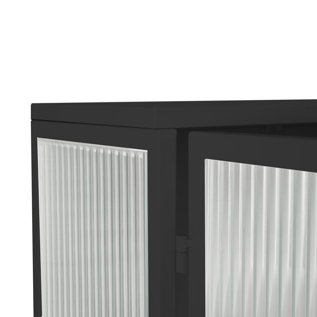 23.62'Glass Doors Modern Two-door Wall Cabinet with Featuring Two-tier Enclosed Storage, an Open Shelf, and Towel Rack, for Entryway Living Room Bathroom Dining Room,Black