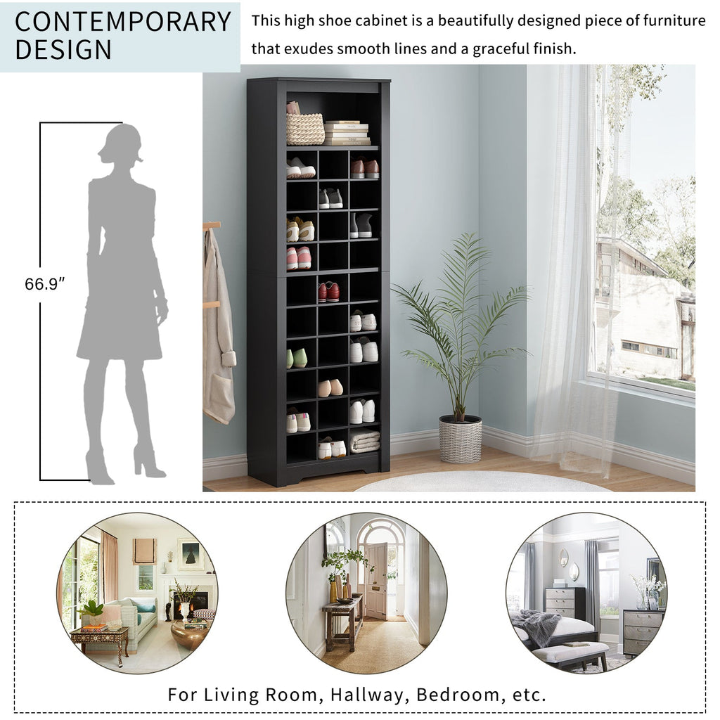 ON-TREND Stylish Design 30 Shoe Cubby Console, Contemporary Shoe Cabinet with Multiple Storage Capacity, Free Standing Tall Cabinet with Versatile Use for Hallway,  Bedroom, Black