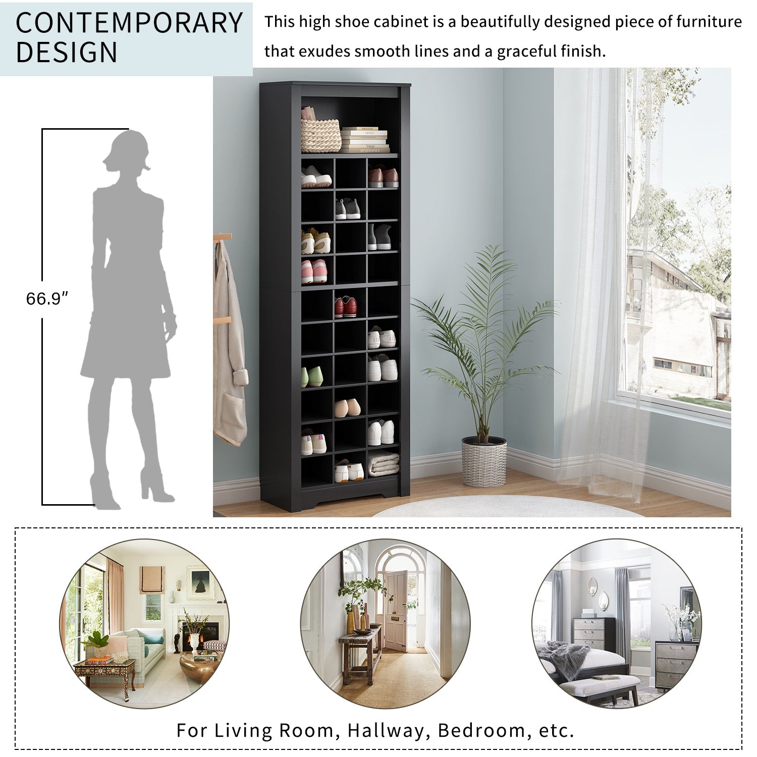 ON-TREND Stylish Design 30 Shoe Cubby Console, Contemporary Shoe Cabinet with Multiple Storage Capacity, Free Standing Tall Cabinet with Versatile Use for Hallway,  Bedroom, Black