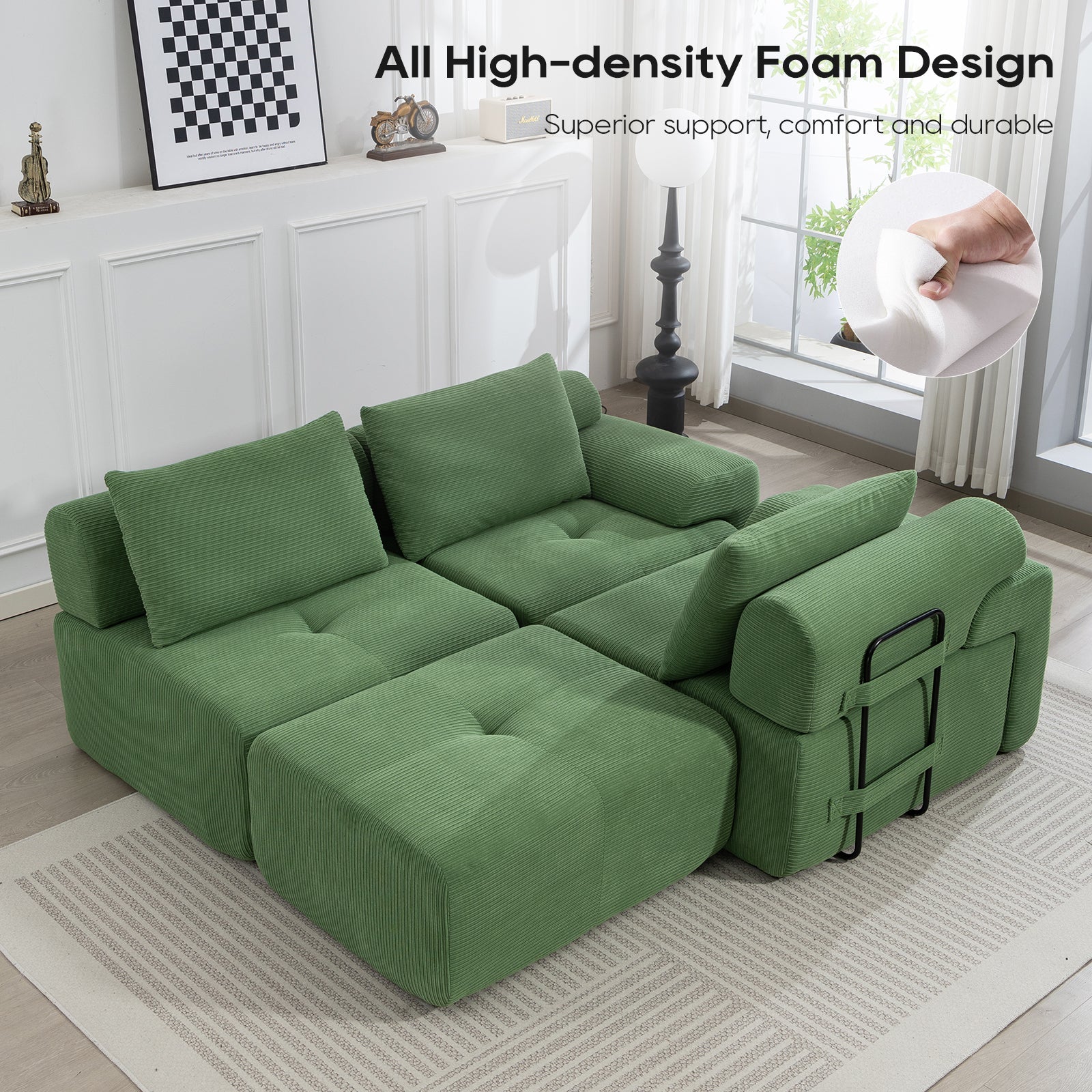 L-Shaped Sectional Couches for Living Room with Memory Foam & Steel Frame - No Assembly Convertible Sofa Bed, Corduroy Fabric Compression Sofa, Modular Couch for Apartments,Bedrooms,Home Theate,Green