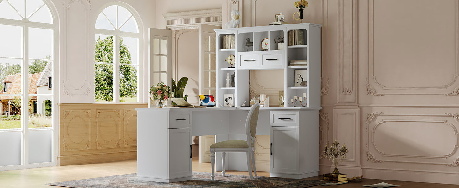 L-Shaped Computer Desk with 2 Cabinets and 2 Drawers, 11 Open Shelves , with Electrical Outlet, for Study, Living Room and Office, White