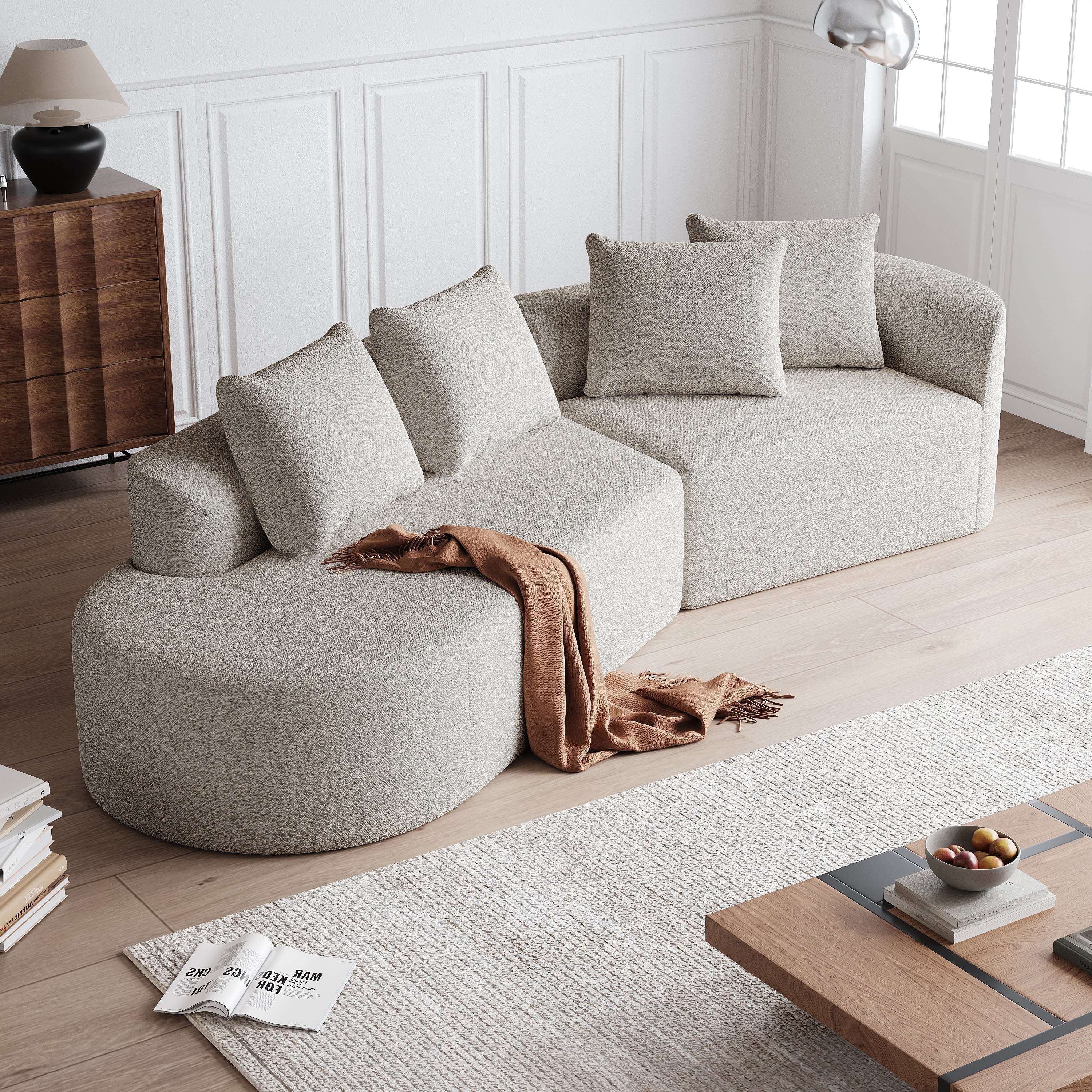 Modern Upholstered Oversized Sectional Sofa, 112-Inch Chenille 4-Seater Extra Deep & Wide Seat Curved Cloud Couch with 4 Throw Pillows, Free Combination Sofa Couch for Living Room,Bedroom