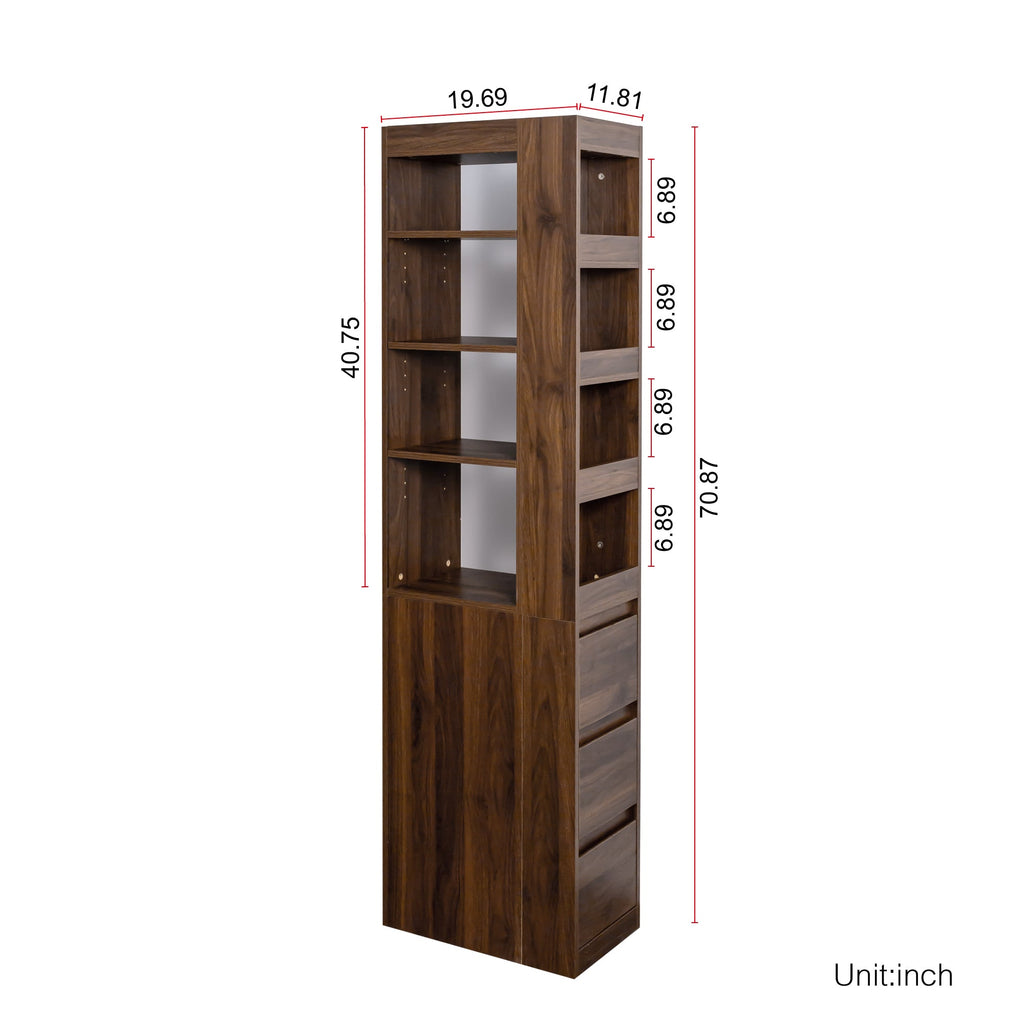 70.87' H Display Storage  Cabinet , 4-Tier Shelf, 3 Side Drawers & 4 small display shelves , Modern Wooden Tall Bookshelf Bookcase for Living Room Home Office