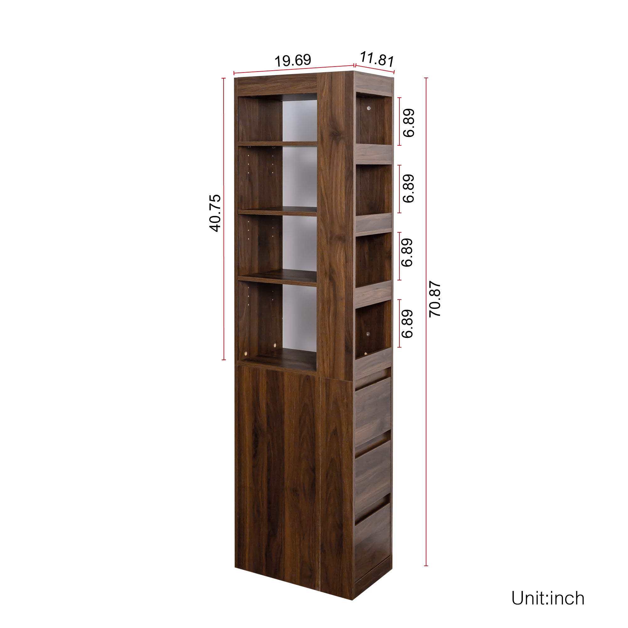 70.87' H Display Storage  Cabinet , 4-Tier Shelf, 3 Side Drawers & 4 small display shelves , Modern Wooden Tall Bookshelf Bookcase for Living Room Home Office