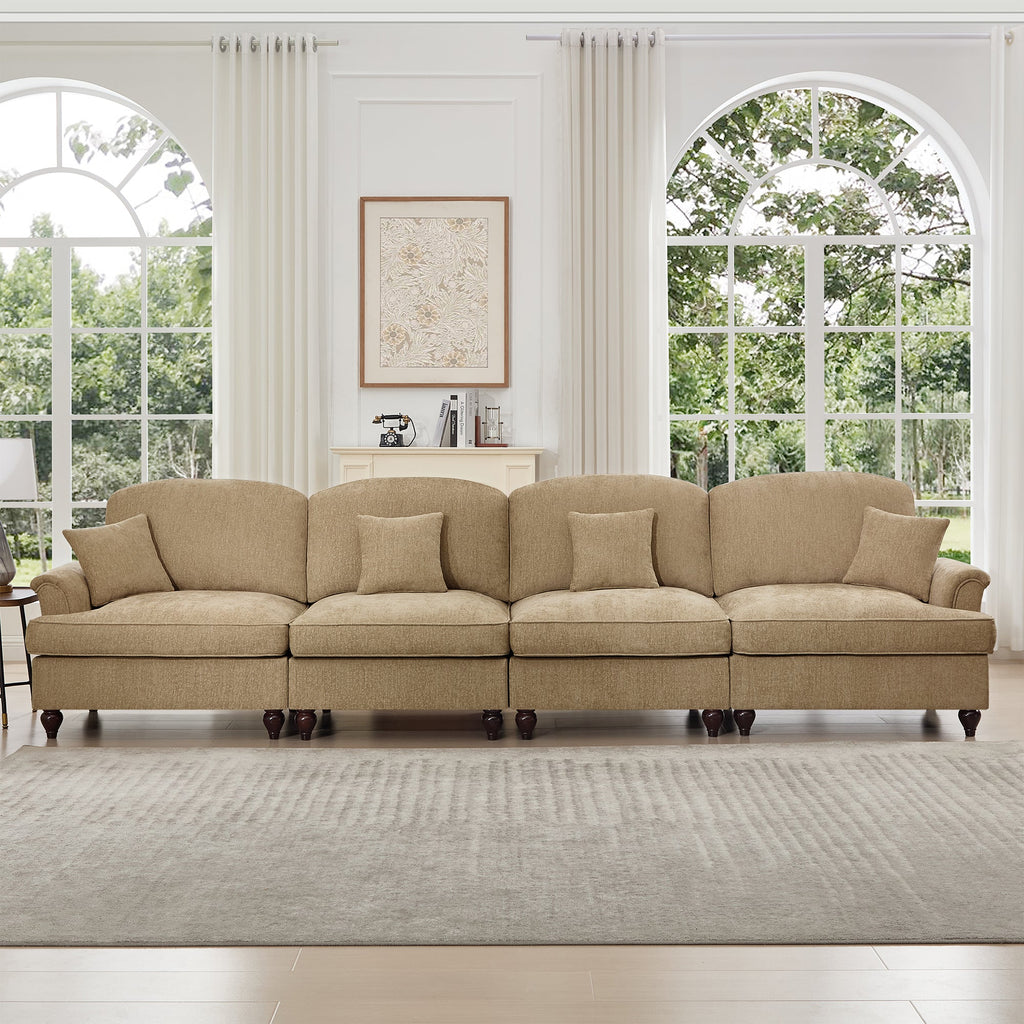 Elegant Mid Century Large 4 Seater Sofa Couch with Flared Arms and Removable Ruffles Pleats Skirts and Spindle Legs, Comfy Chenille Four-Seat Sofa for Living Room, Light Coffee