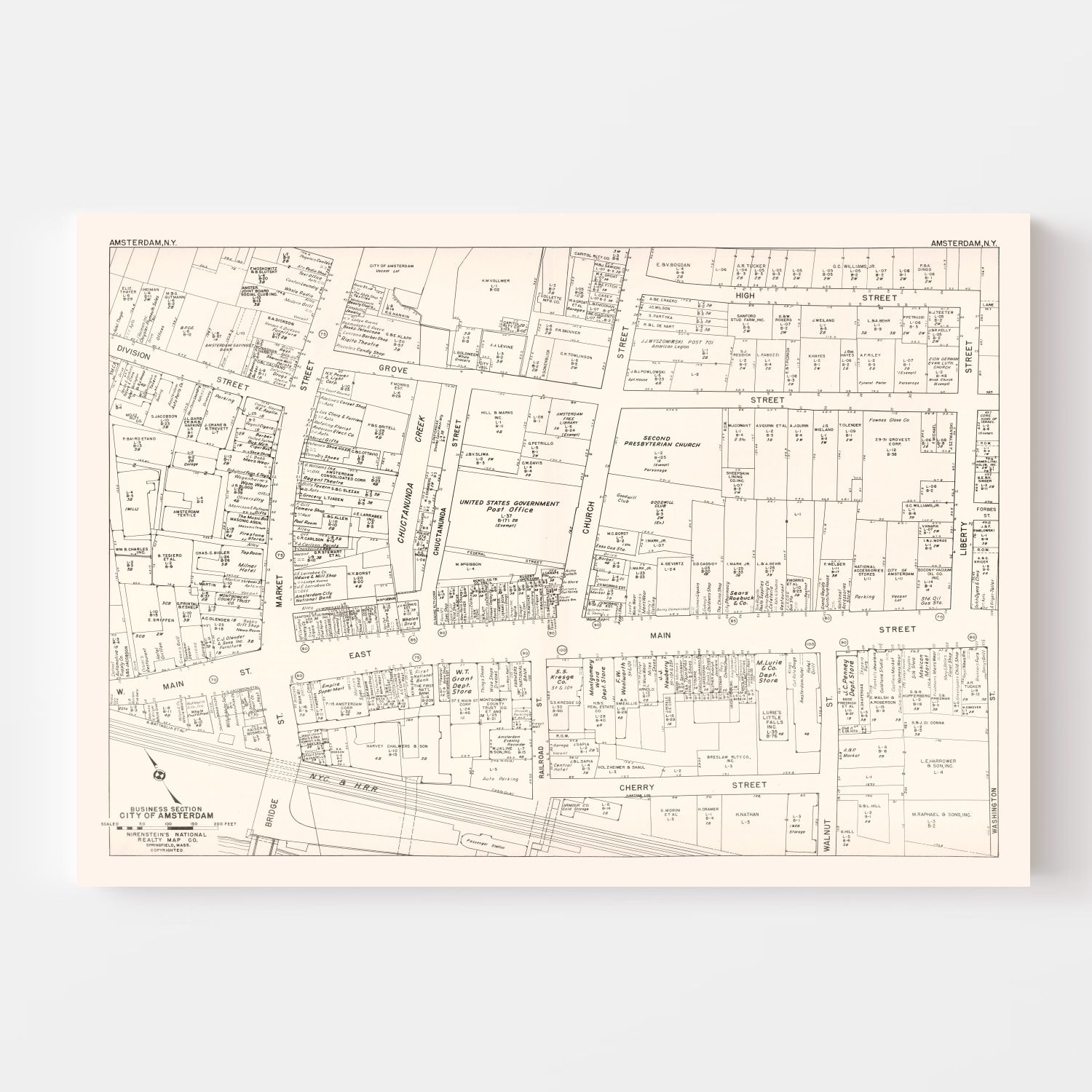 Vintage Map of Amsterdam, NY Business Section 1947