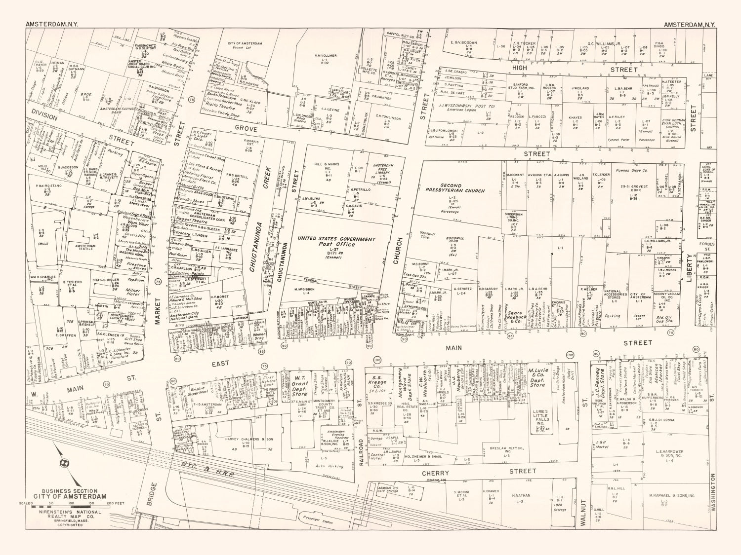 Vintage Map of Amsterdam, NY Business Section 1947