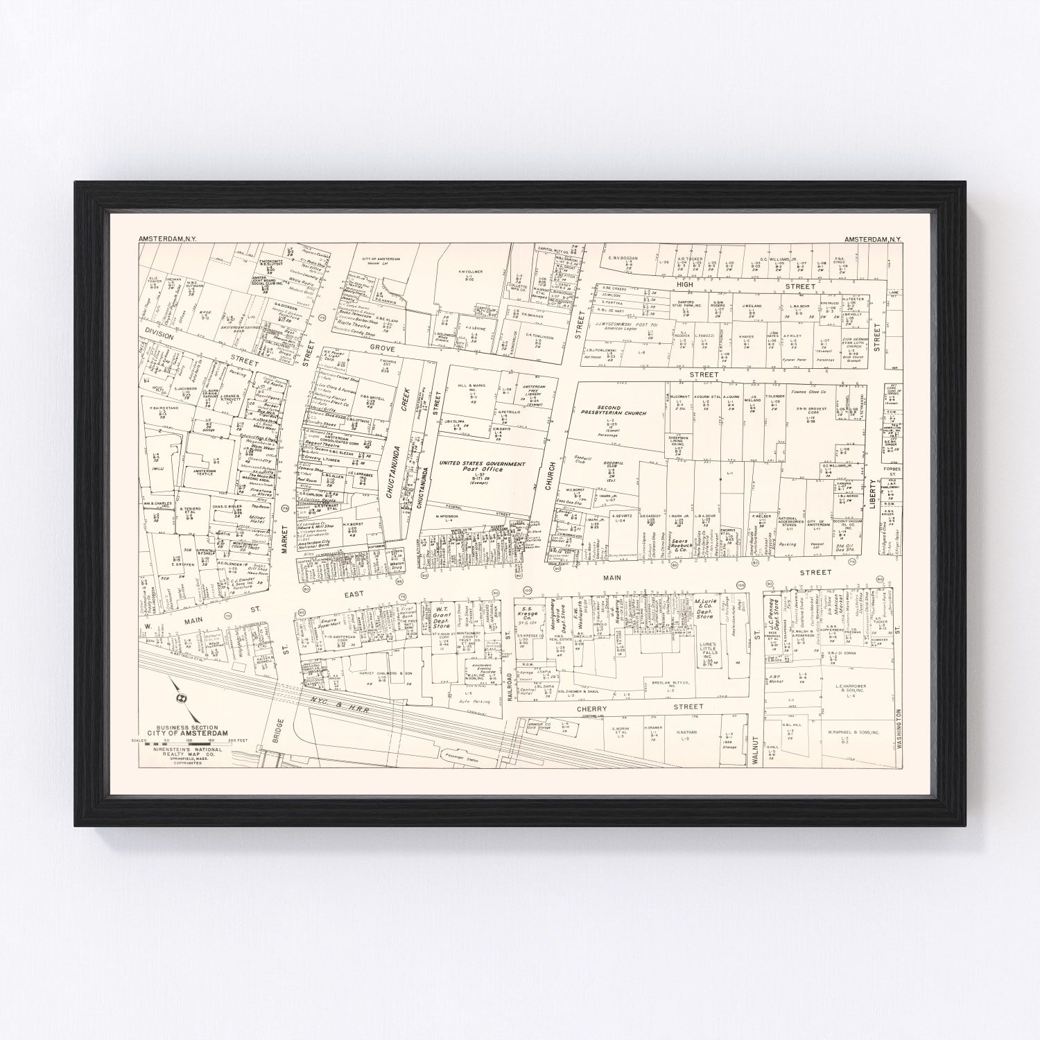 Vintage Map of Amsterdam, NY Business Section 1947