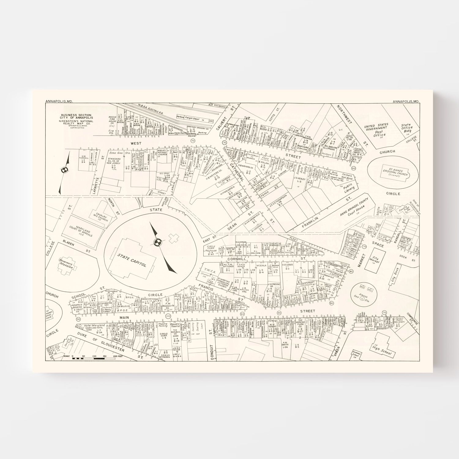 Vintage Map of Annapolis, MD Business Section 1947