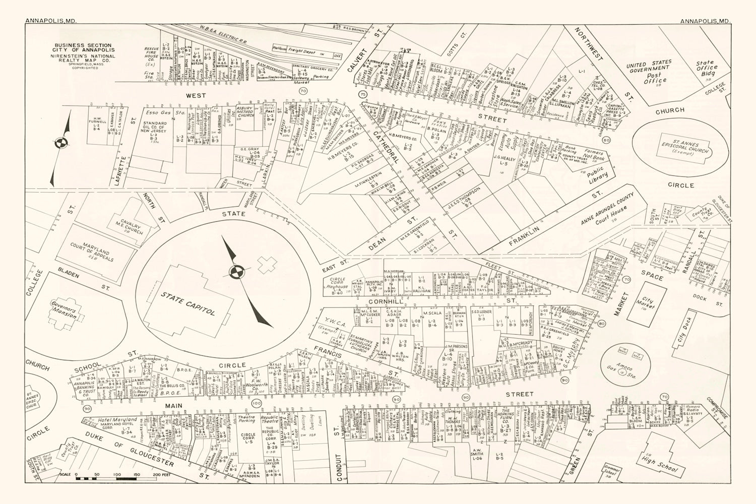 Vintage Map of Annapolis, MD Business Section 1947