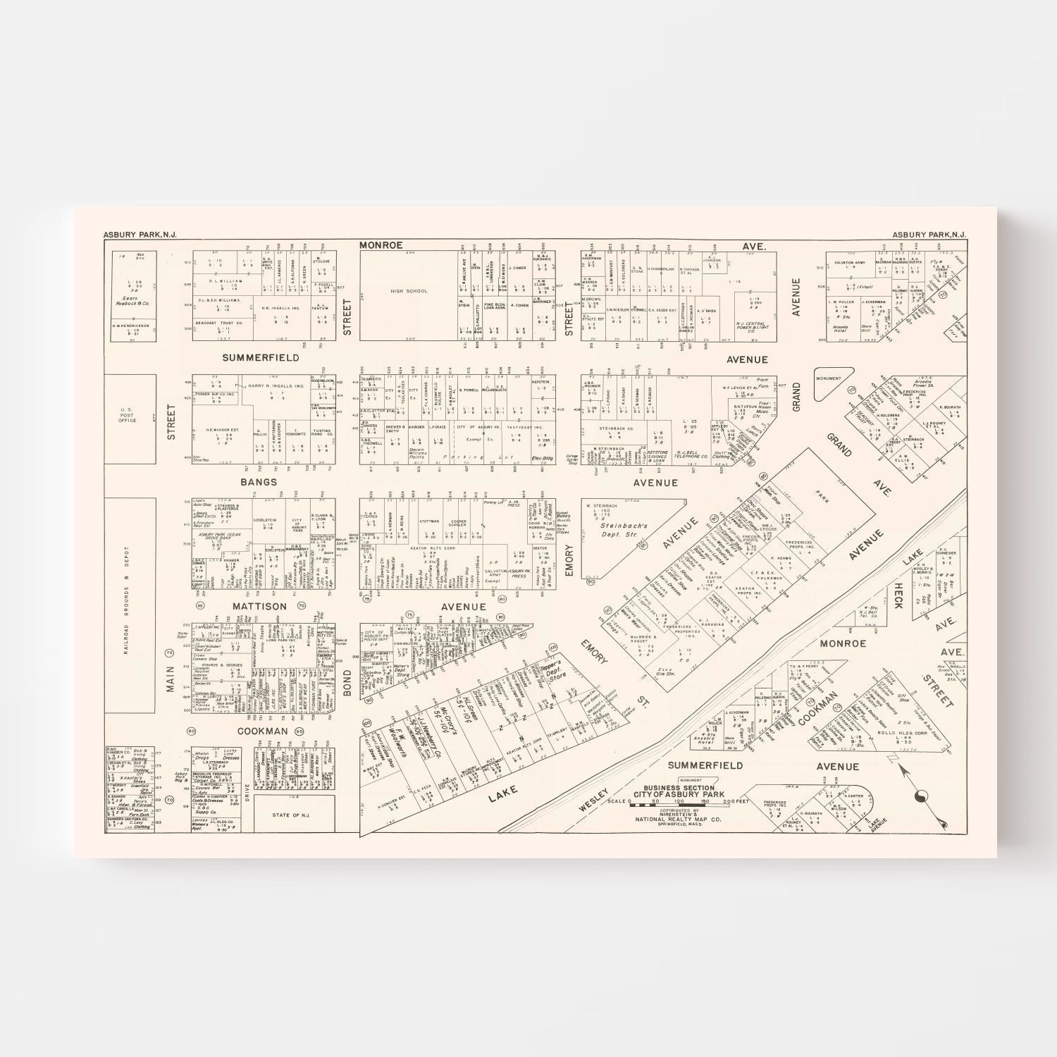 Vintage Map of Asbury Park, NJ Business Section 1947