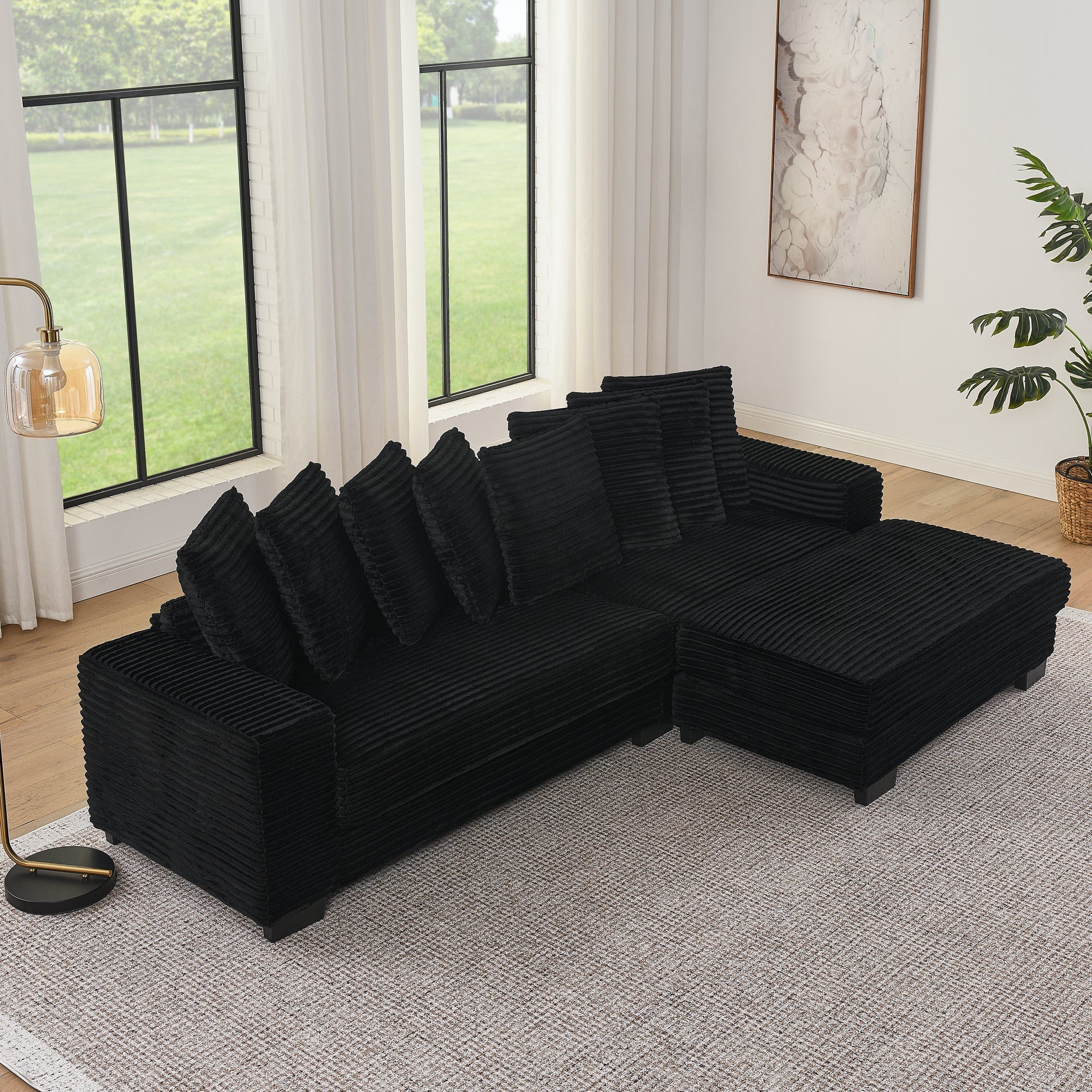 Corduroy Tufted Upholstered Sleeper Sectional Sofa, L-Shaped Modular Convertible Sofa , Can freely change the position of the footrests-Black(Assembly is required)