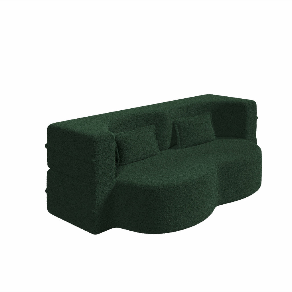 Modern Floor Sofa with 2 Pillows,Convertible Teddy Fabric Foam Filled Sleeper Sofa Bed,15 ' Full Size Folding Mattress for Living Room,Guest Bed,Playroom,no assembly required,Green
