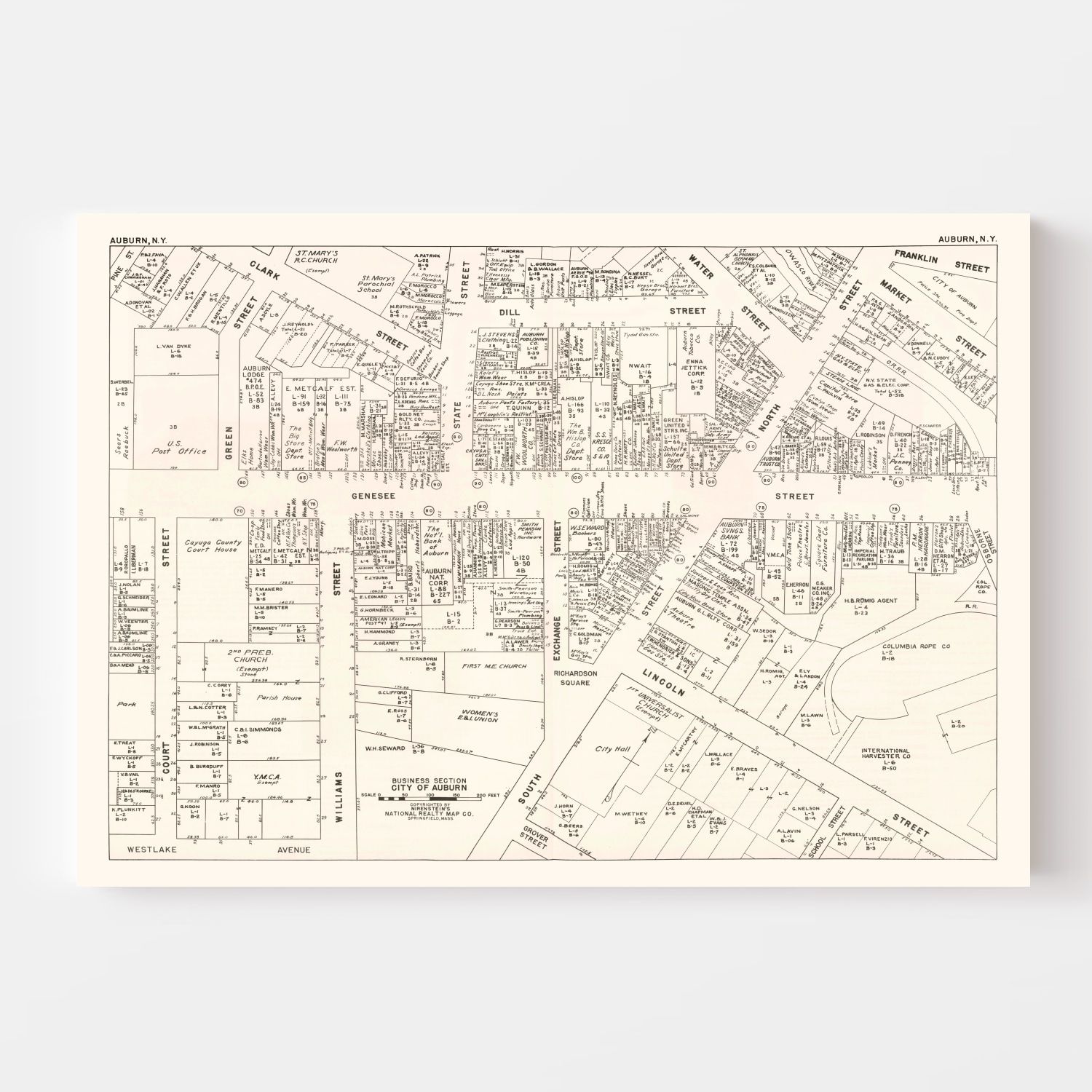 Vintage Map of Auburn, NY Business Section 1947