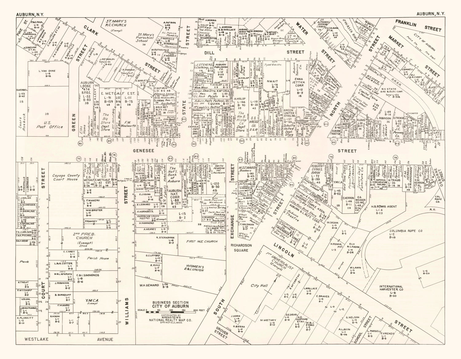 Vintage Map of Auburn, NY Business Section 1947