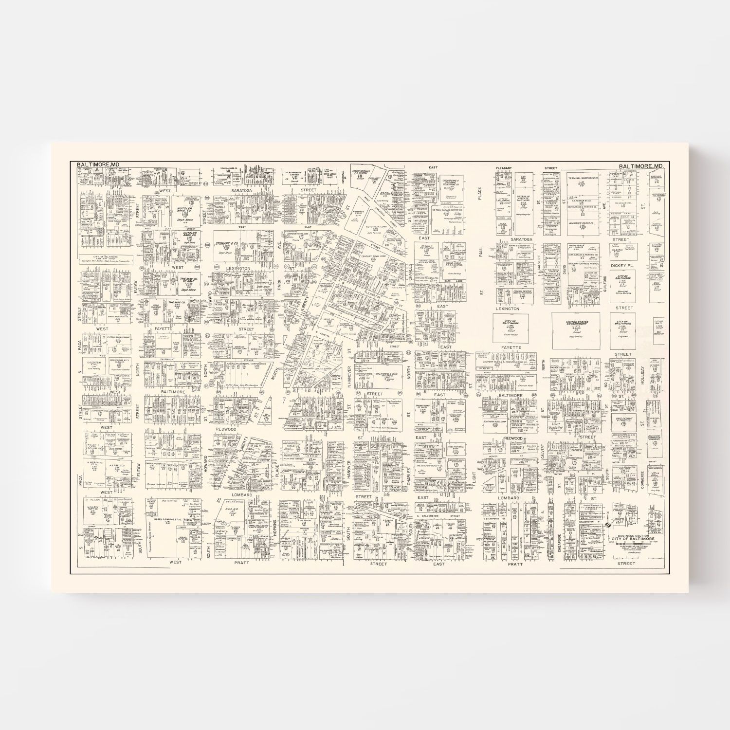 Vintage Map of Baltimore, MD Business Section 1947