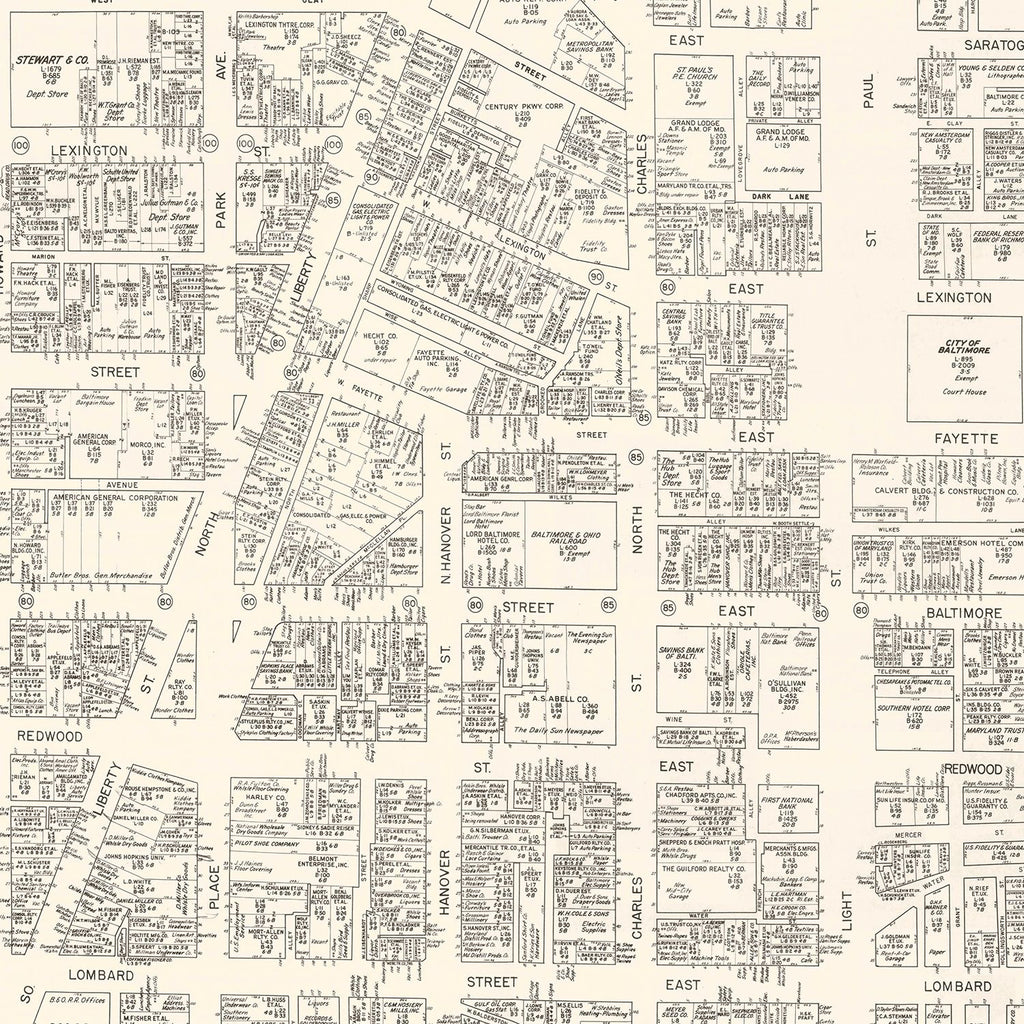 Vintage Map of Baltimore, MD Business Section 1947
