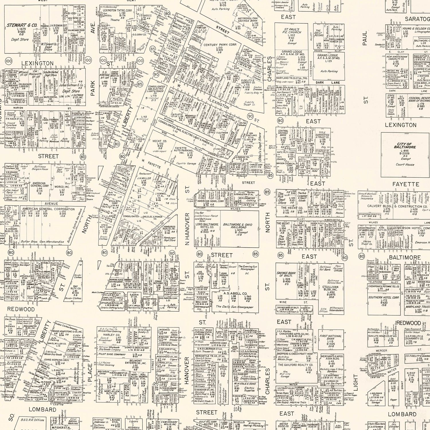 Vintage Map of Baltimore, MD Business Section 1947