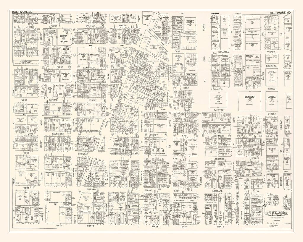 Vintage Map of Baltimore, MD Business Section 1947