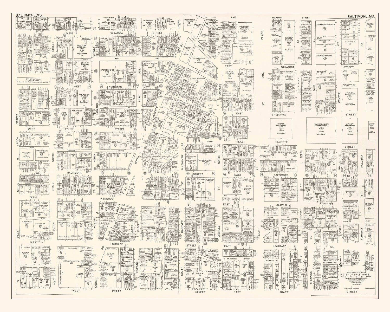 Vintage Map of Baltimore, MD Business Section 1947