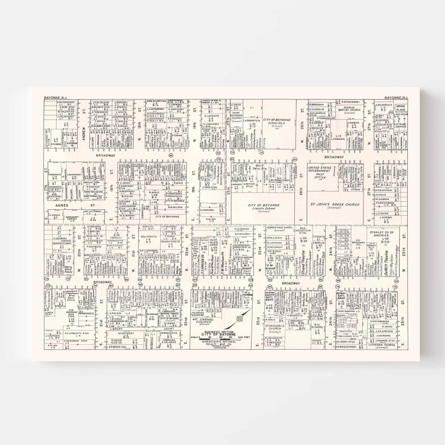 Vintage Map of Bayonne, NJ Business Section 1947