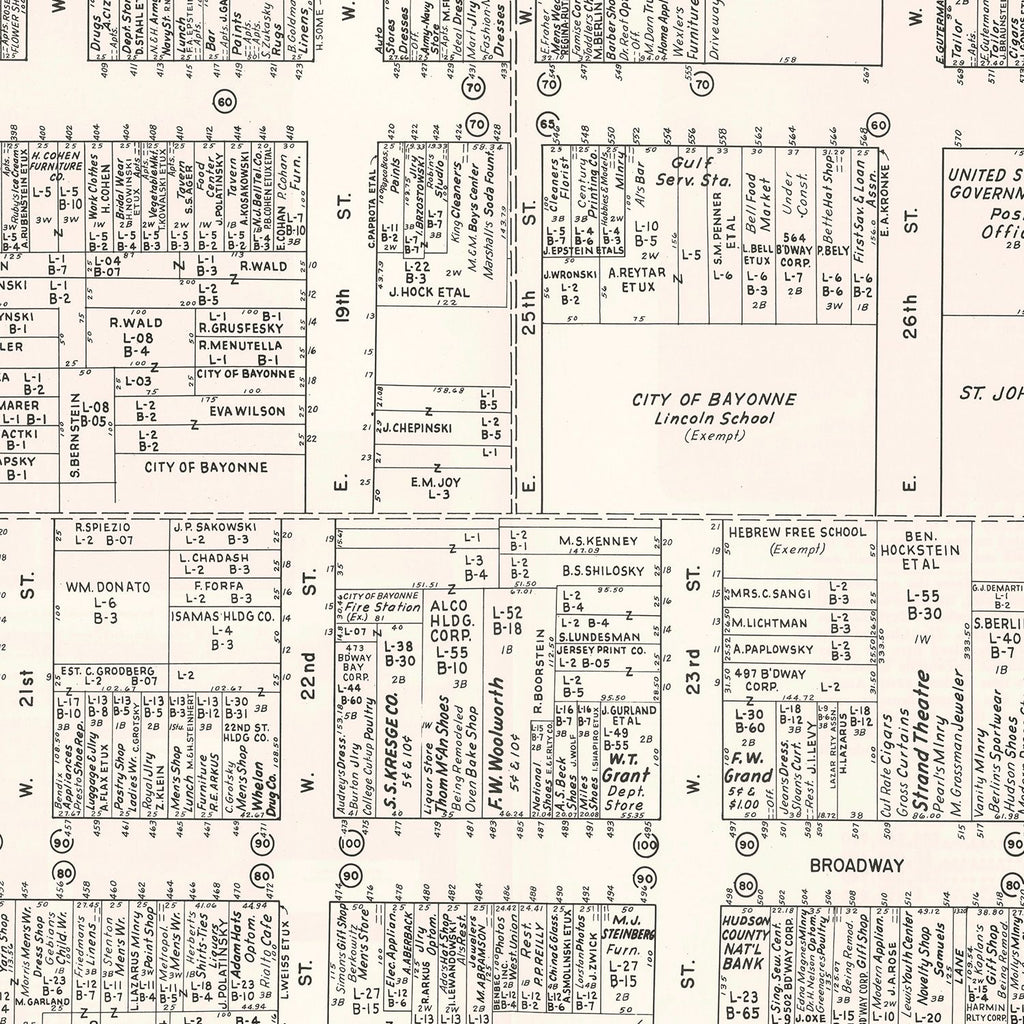 Vintage Map of Bayonne, NJ Business Section 1947