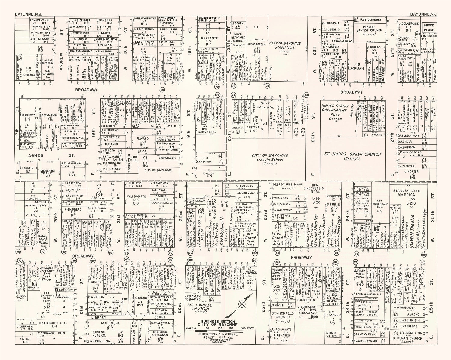 Vintage Map of Bayonne, NJ Business Section 1947