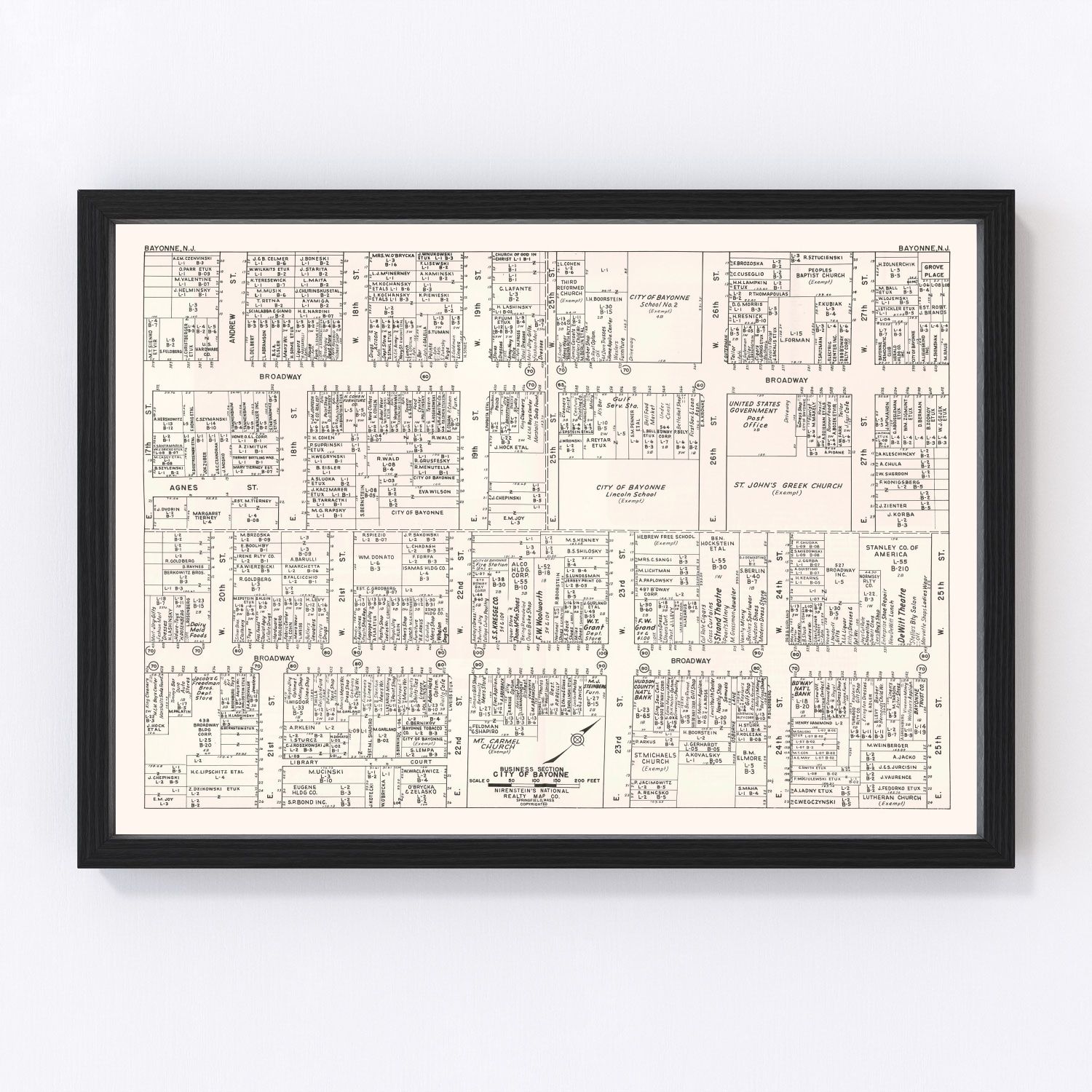 Vintage Map of Bayonne, NJ Business Section 1947