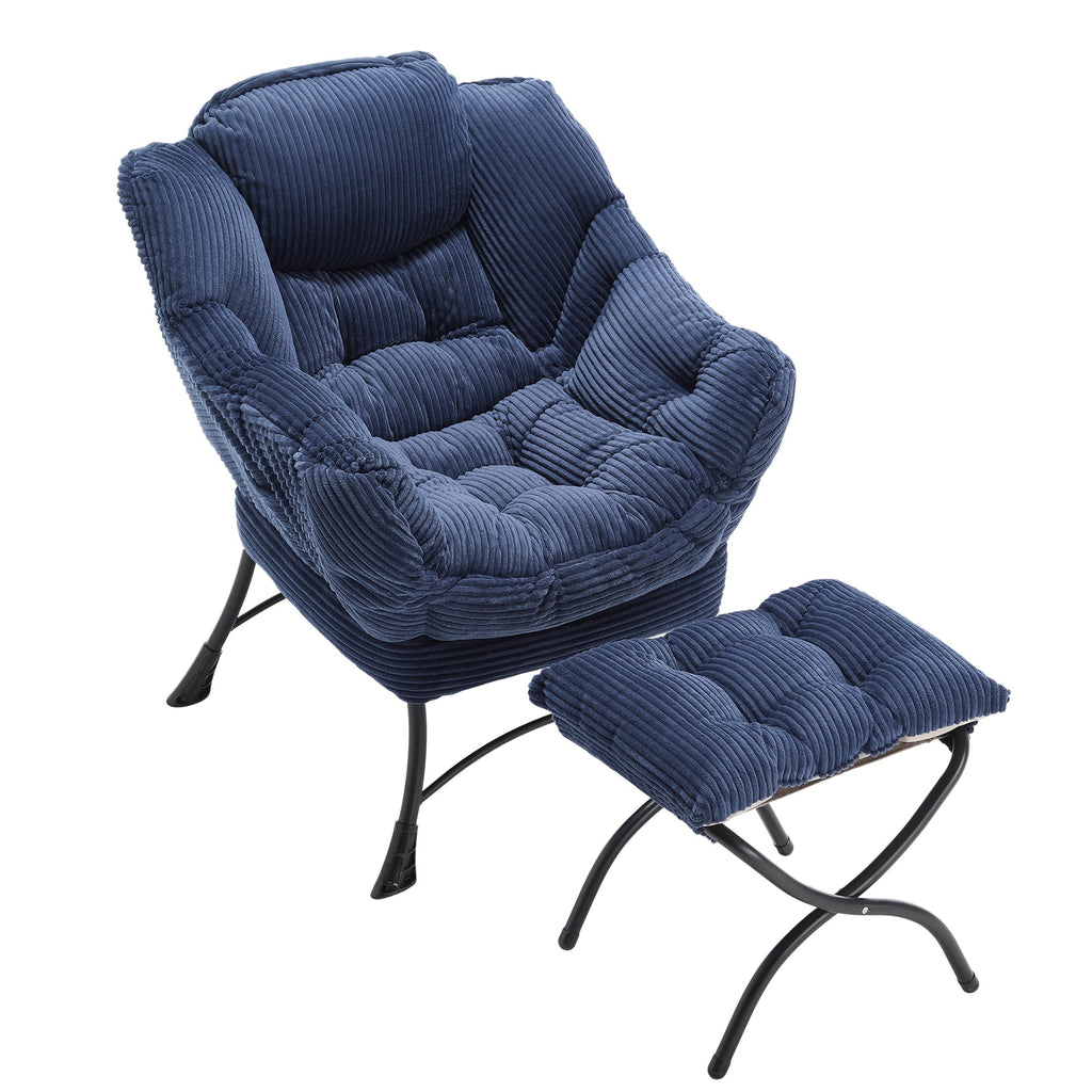 Lazy Chair with Ottoman, Modern Lounge Accent Chair with Armrests and a Side Pocket, Leisure Upholstered Sofa Chair Reading Chair with Footrest for Small Space, Corner Chair-Navy blue