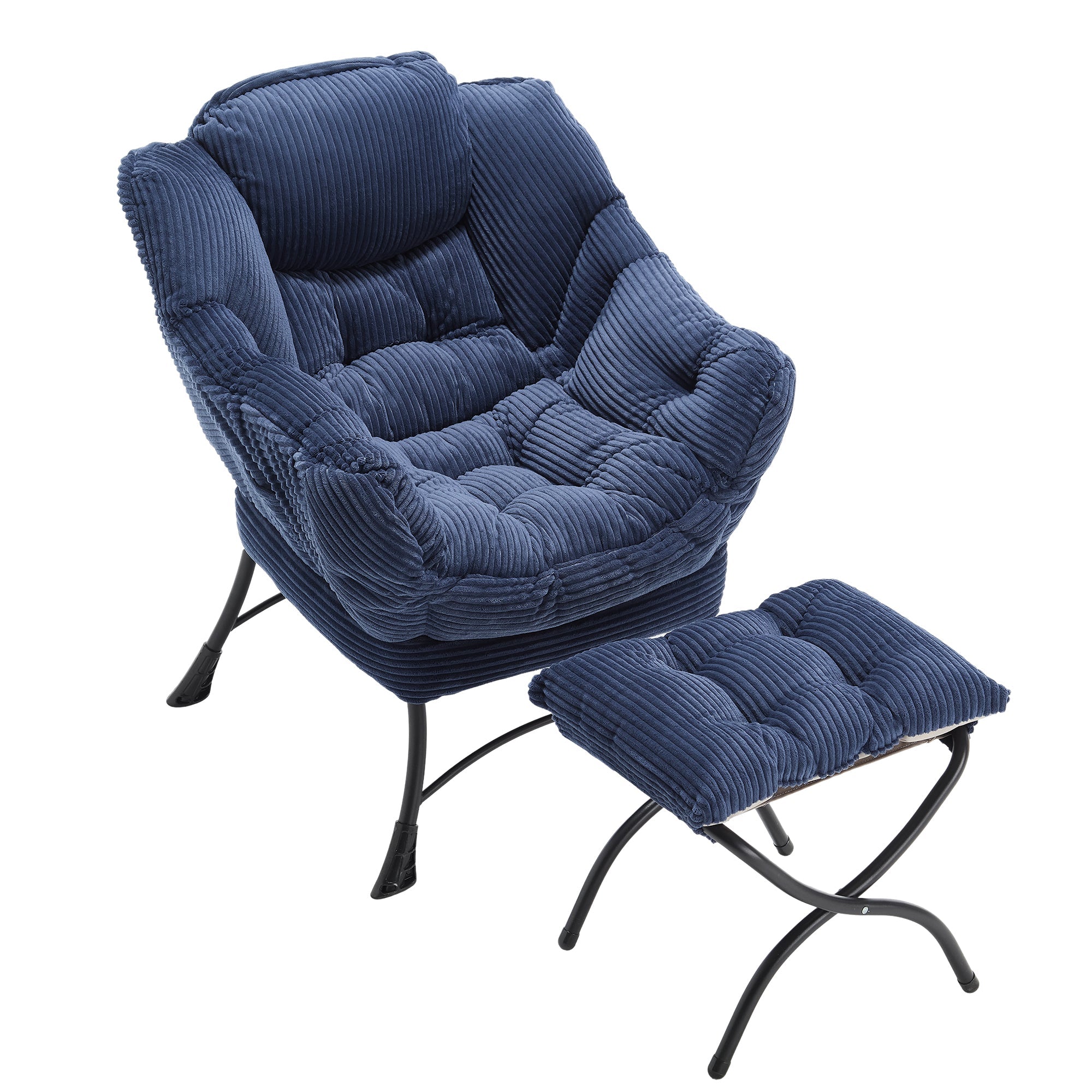 Lazy Chair with Ottoman, Modern Lounge Accent Chair with Armrests and a Side Pocket, Leisure Upholstered Sofa Chair Reading Chair with Footrest for Small Space, Corner Chair-Navy blue