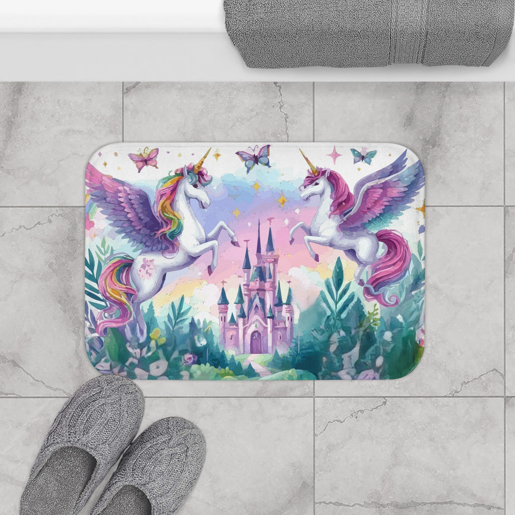 Purple Flying Unicorns Around a Luxurious Castle Bath Mat