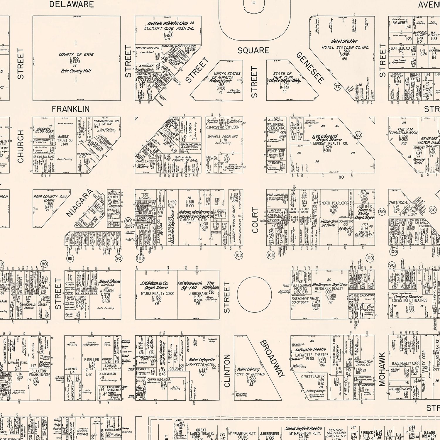 Vintage Map of Buffalo, NY Business Section 1947