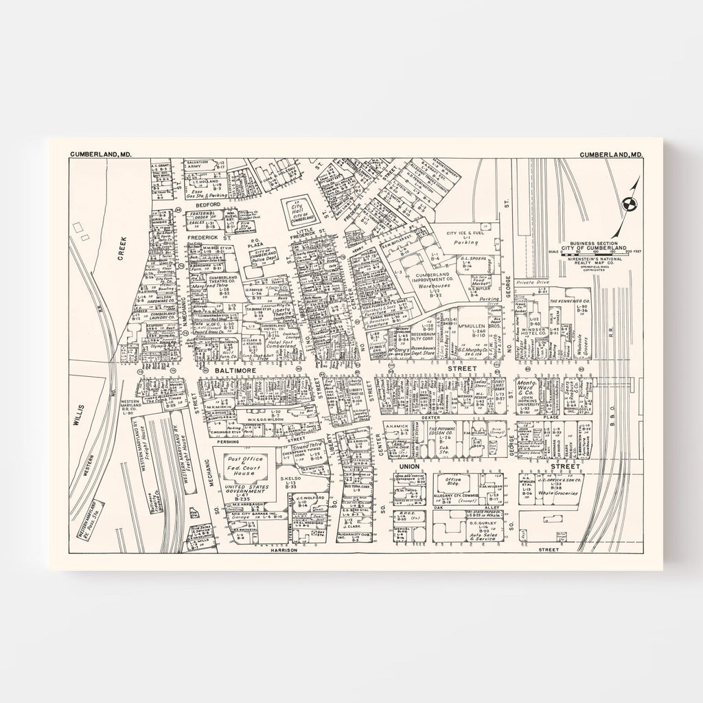 Vintage Map of Cumberland, MD Business Section 1947