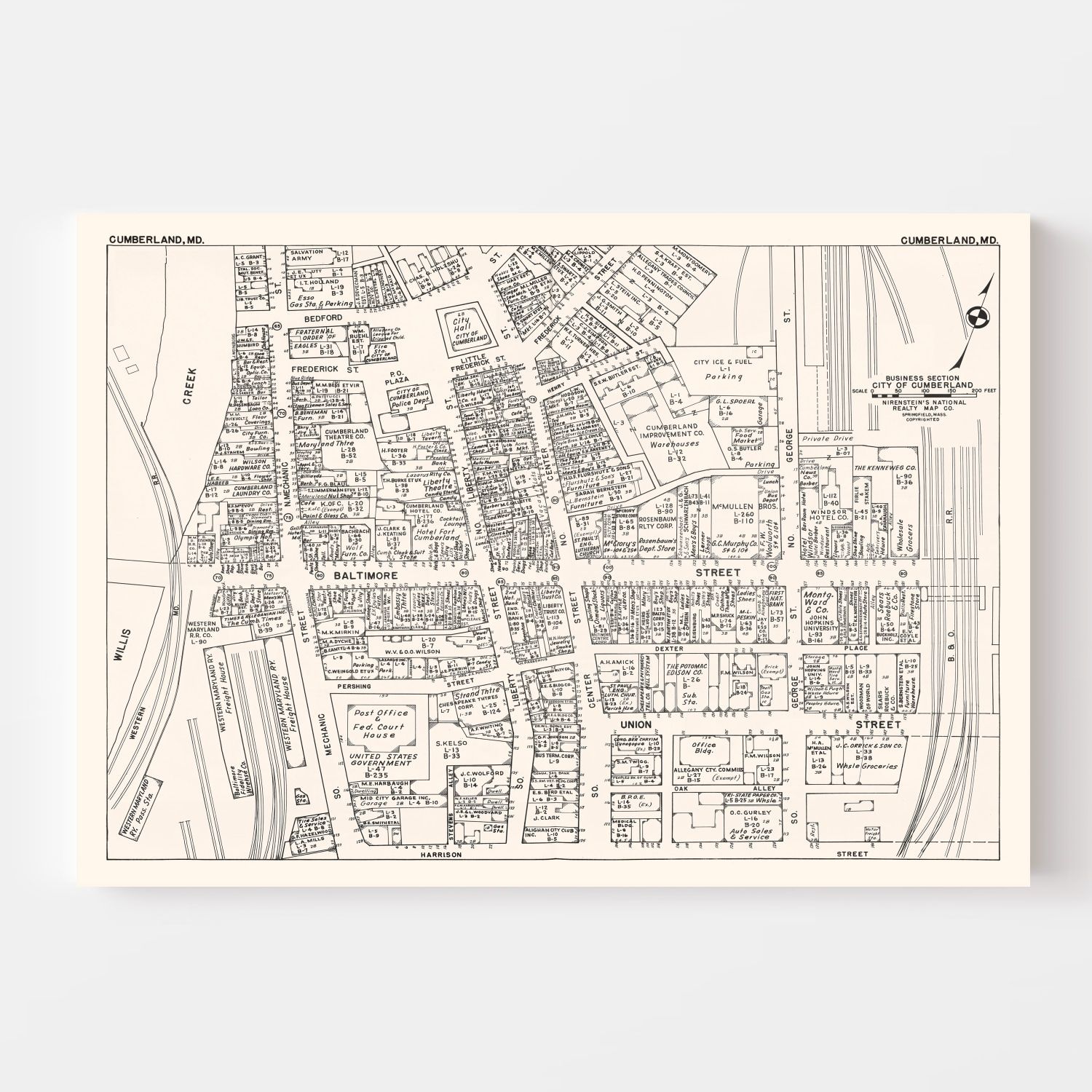 Vintage Map of Cumberland, MD Business Section 1947
