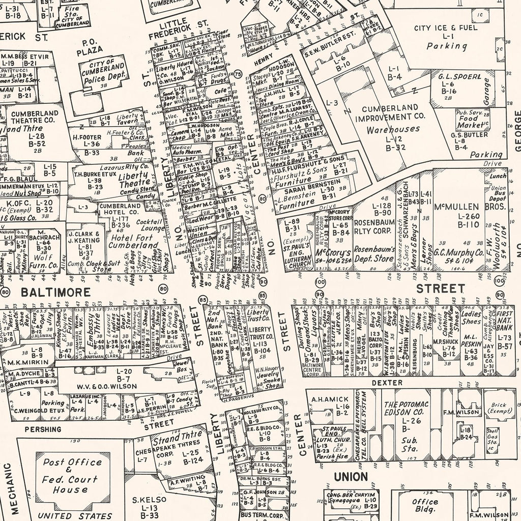 Vintage Map of Cumberland, MD Business Section 1947