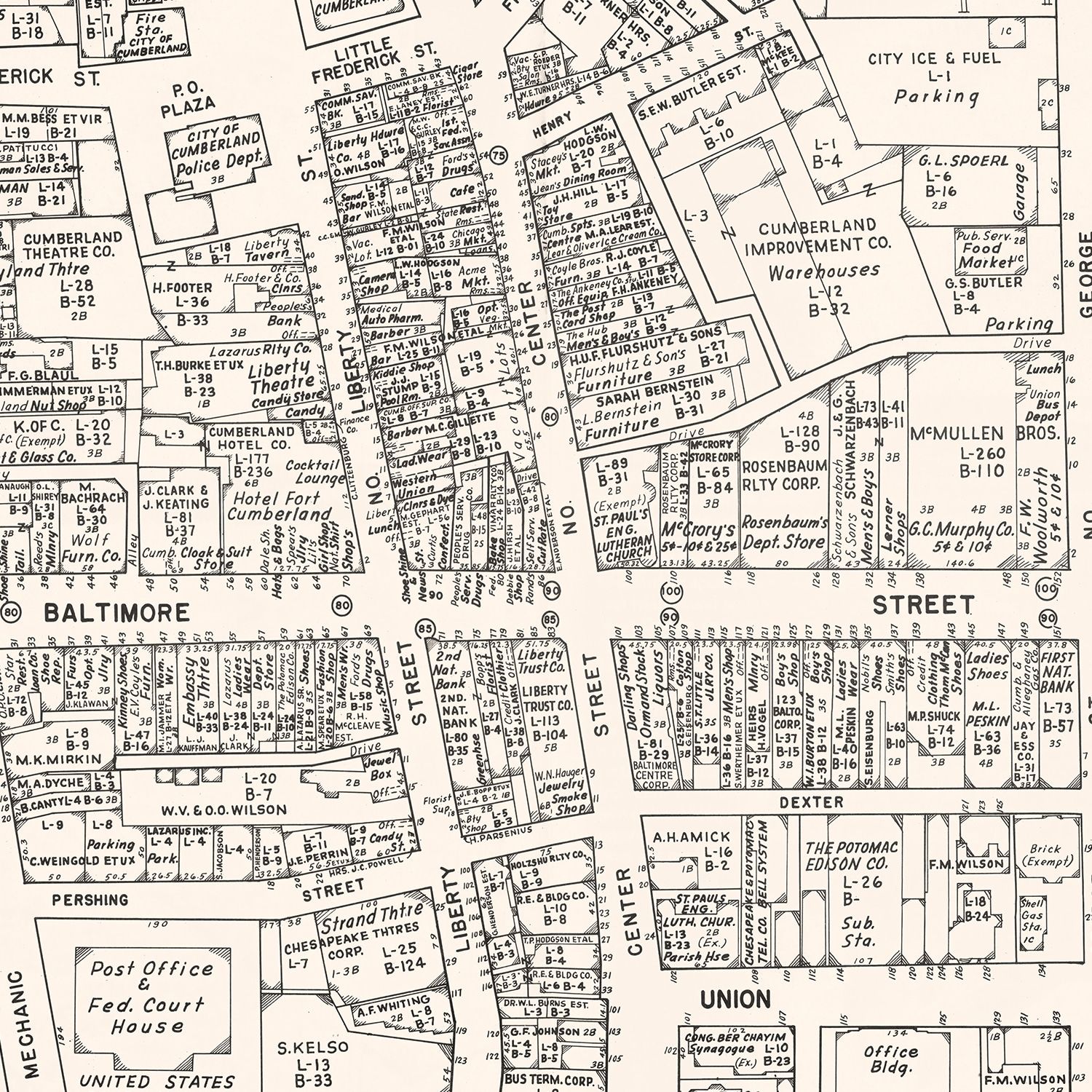 Vintage Map of Cumberland, MD Business Section 1947