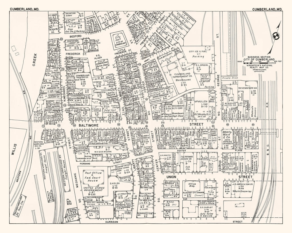Vintage Map of Cumberland, MD Business Section 1947