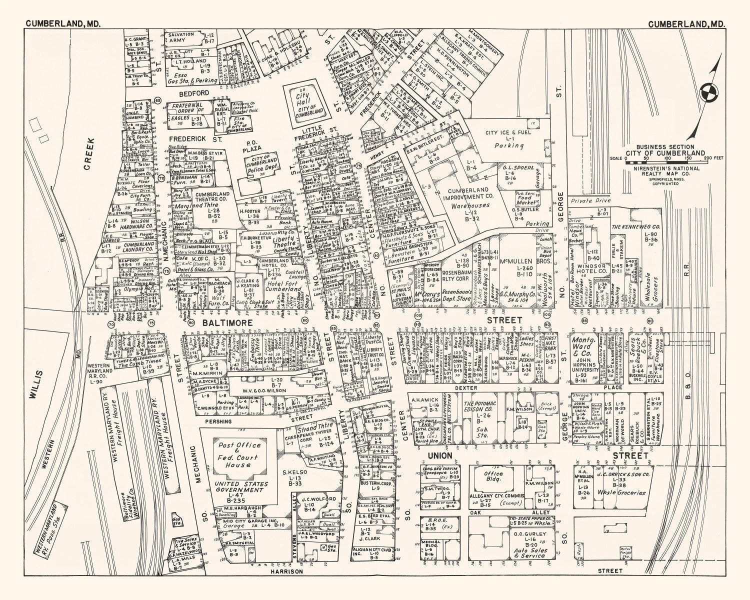 Vintage Map of Cumberland, MD Business Section 1947
