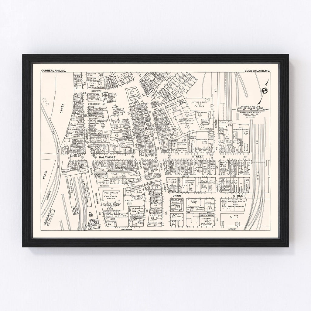 Vintage Map of Cumberland, MD Business Section 1947