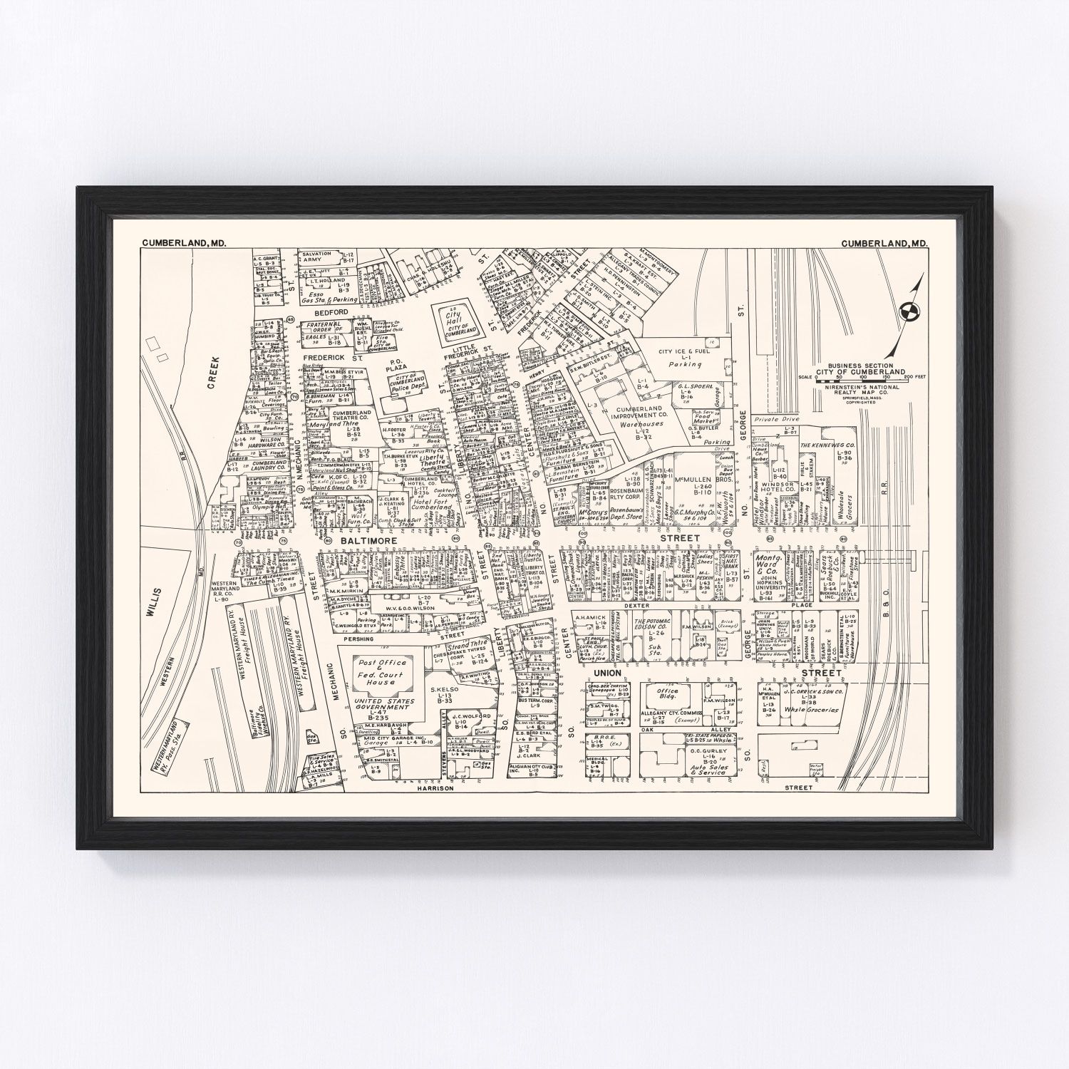 Vintage Map of Cumberland, MD Business Section 1947