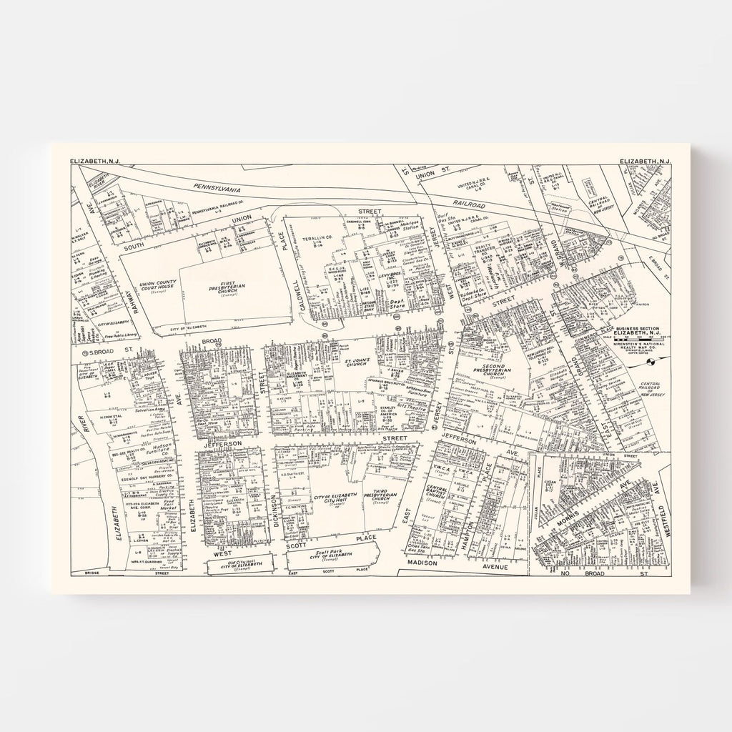 Vintage Map of Elizabeth, NJ Business Section 1947