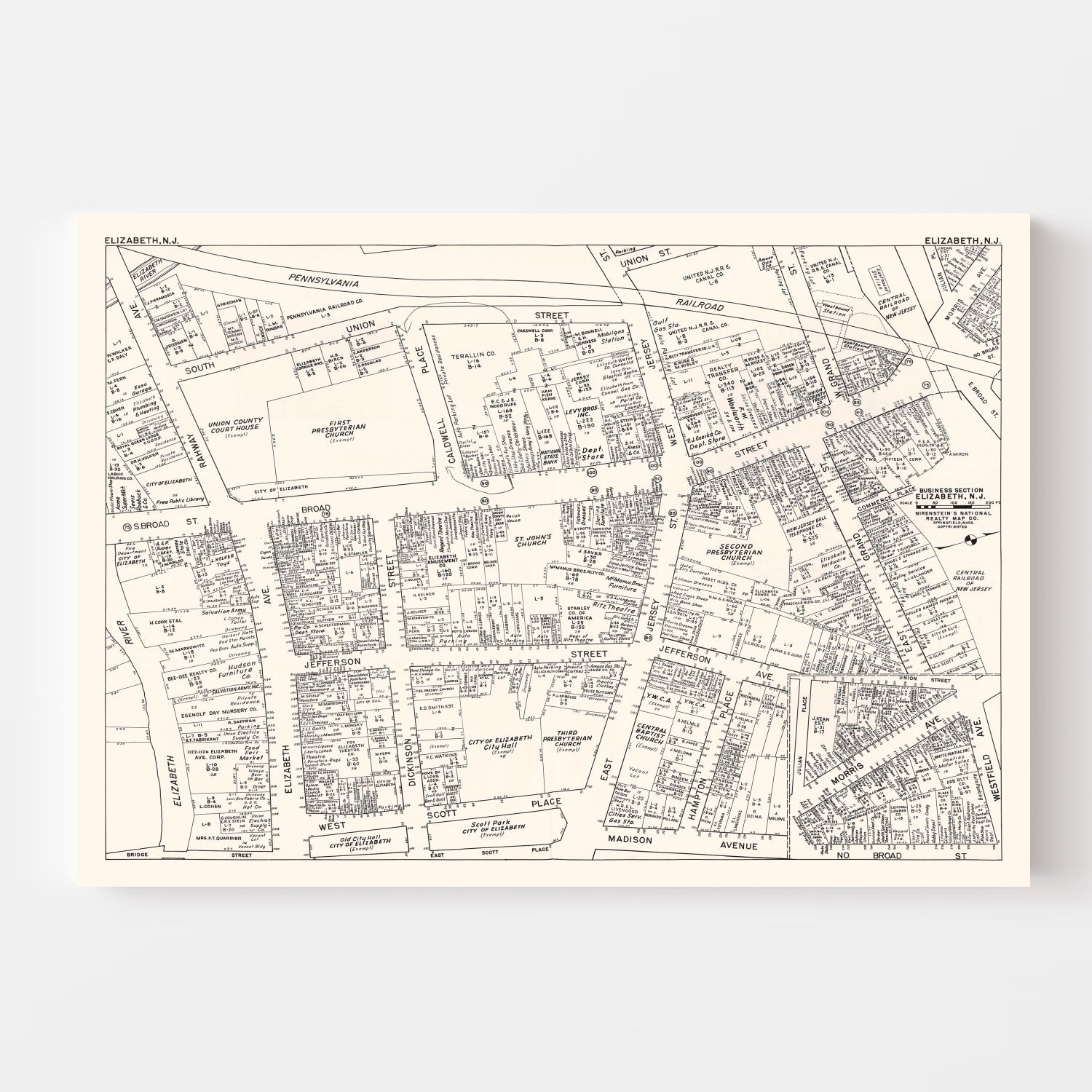Vintage Map of Elizabeth, NJ Business Section 1947