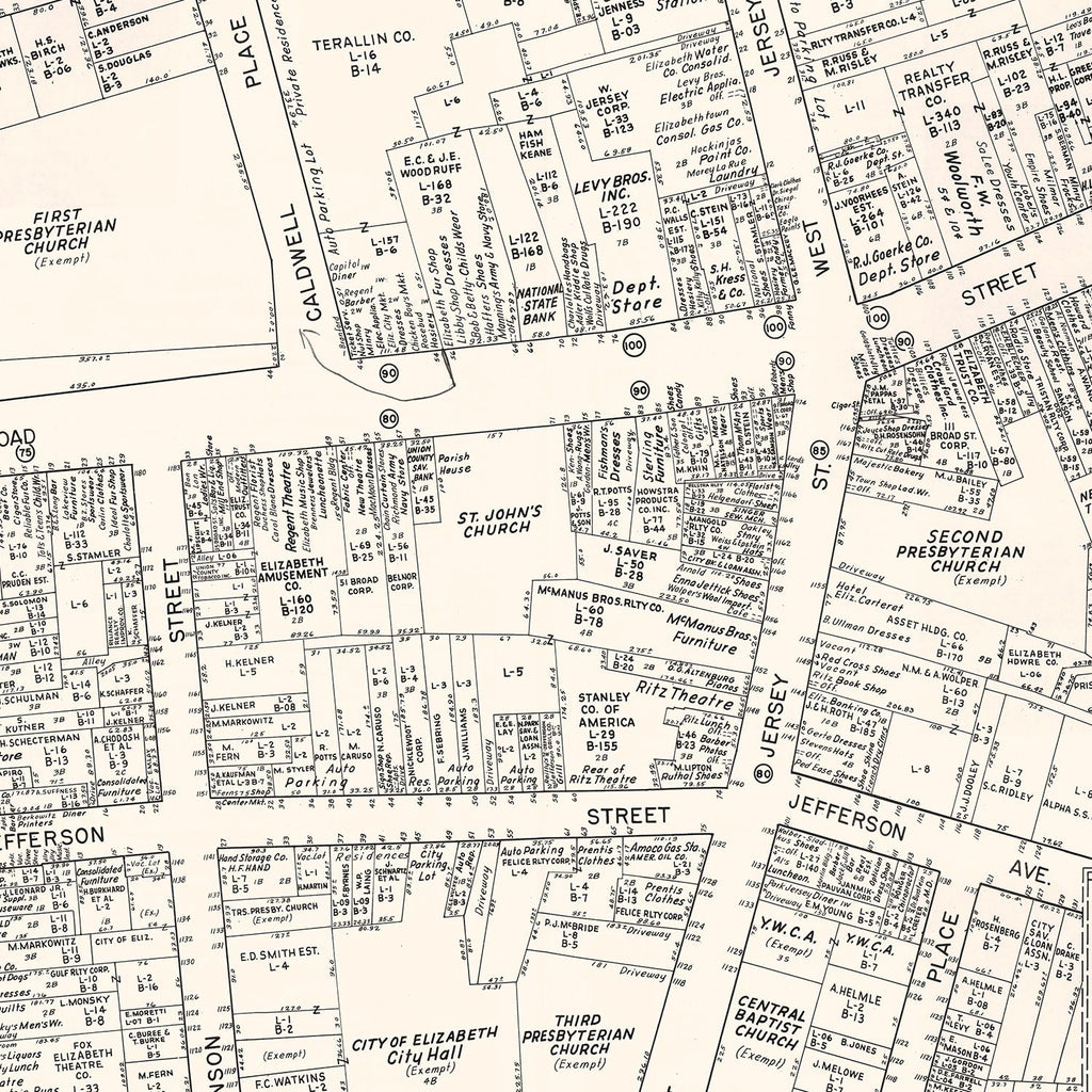 Vintage Map of Elizabeth, NJ Business Section 1947